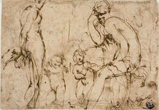 Venus and Mars with Putti (recto), Bearded Man Moving to Right (verso), c. 1550, Circle of
