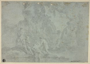 Rocky Landscape with Figures, n.d., After Gaspard Dughet, French, 1615-1675, France, Black chalk