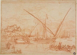 View of a Port: Ships in a Harbor, 1753, Adrien Manglard, French, 1695-1760, France, Red chalk on
