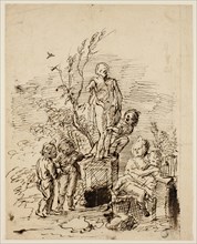 Children Playing near Statue in Garden, 1714/39, John Vanderbank, English, 1686-1739, England, Pen