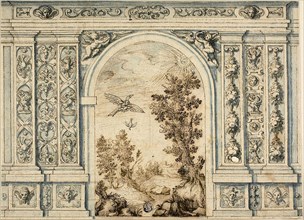Ornamental Wall with Landscape, n.d., Unknown Artist, Italian, 17th century, Italy, Pen and brown