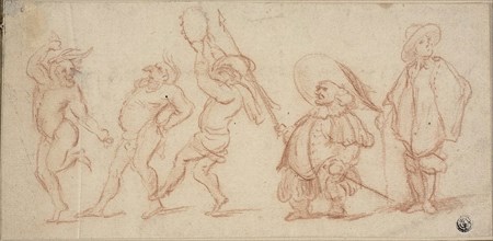Carnival Figures, n.d., Baccio del Bianco, Italian, 1604-1656, Italy, Red chalk on ivory laid