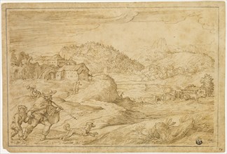 River Landscape with Saint Roch and a Child Traveling with Dog, c. 1545, Domenico Campagnola,