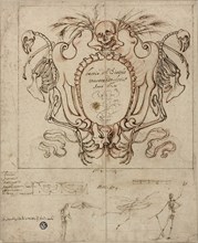 Funereal Cartouche with Inscription and Sketches of Skeletons and Ornamental Details, 1628, Baccio
