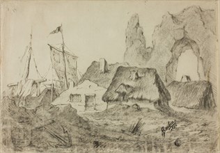 Huts Etretat, 1876, Barbin, French, active 1876, France, Charcoal, with touches of black pastel, on
