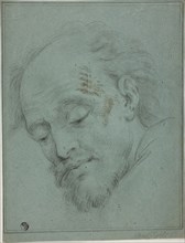 Male Head Looking Down, n.d., Unknown artist, possibly Italian, 17th century, Italy, Black crayon,