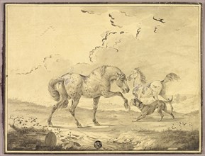 Two Horses Fighting Dog, n.d., Johann Georg Pforr, German, 1745-1798, Germany, Pen and gray ink,