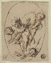 Putti with Shield and Sword, n.d., Jacob de Wit, Dutch, 1695-1754, Holland, Pen and brown ink with