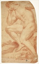 Seated Academic Male Nude in Profile to Left, 17th century, Attributed to Andrea Camassei, Italian,