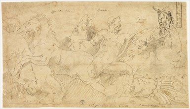 Ancient Relief with Hercules and the Mares of Diomedes (recto), Two Sketches: Draped Satyr and