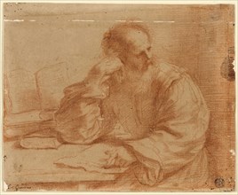 Bearded Man Seated at Table, 1650/59, Attributed to Guercino, Italian, 1591-1666, Italy, Red chalk