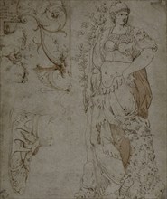 Three Sketches: Fortitude, a Sandal, and Grotesques (recto), Sketches of Grotesques, and Roman