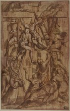 Deposition, with Saint Francis of Assisi and Another Male Saint (Stephen?), c. 1576, Attributed to