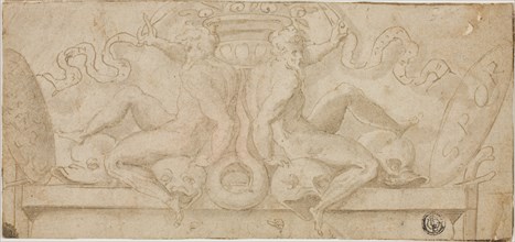 Design for Overdoor: Two Ignudi with Dolphins and Shields, n.d., Circle of Francesco de’Rossi,