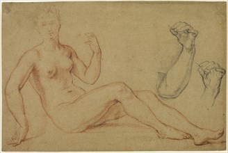 Seated Female Nude with Sketch of Hand and Sketch of Forearm, n.d., Louis de Boullogne, the elder,