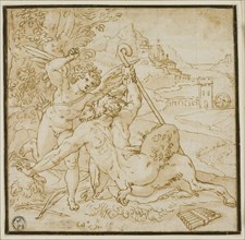 Cupid Overcoming Pan, n.d., Orazio Samacchini, Italian, 1532-1577, Italy, Pen and brown ink, with