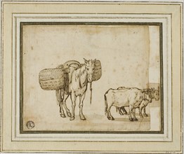 Two Sketches: Mule Carrying Baskets, Pair of Yoked Oxen, n.d., Attributed to Cornelis de Wael