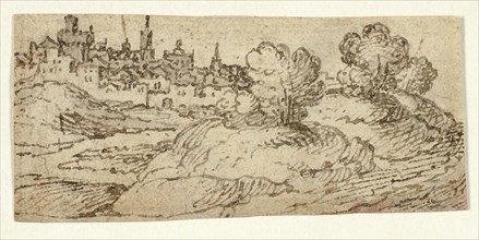 Hill Town with Trees in Foreground, n.d., Unknown Artist, Flemish, 17th century, Flanders, Pen and