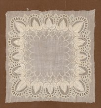 Handkerchief, 19th century, France, Linen, plain weave, embroidered with linen threads in padded
