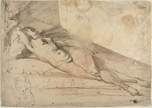 Reclining Female Nude, 1585/1600, Unknown Artist, Italian, late 16th century, Northern Italy, Pen