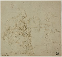 Sketches of Virgin and Child, Seated Figure, and Landscape, c. 1530, Attributed to Vincenzo