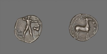 Stater (Coin) Depicting Caulos and Deer, 480/388 BC, Greek, Caulonia, Italy, Caulonia, Silver, Diam