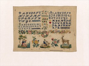 Sampler, 1801/75, Italy, Cotton, plain weave, embroidered with silk in back, cross, and padded