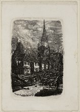 Fishing Port with Pointed Belltower, 1865, Rodolphe Bresdin, French, 1825-1885, France, Etching on