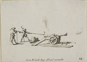 Firing the Canon, plate twelve from The Military Exercises, published 1635, Jacques Callot (French,