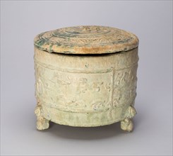 Tripod Cylindrical Jar (Lian or Zun) with Equestrians and Creatures, Bear-Shaped Feet, Eastern Han