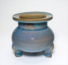 Tripod Censer, Jin dynasty (1115–1234), 13th century, China, Jun ware, stoneware with opaque blue,