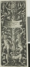 Panel of Ornament with Two Nude Boys Standing on the Legs of a Satyr, 1549, Heinrich Aldegrever,
