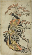 Woman Beside a Cherry Tree, c. 1688/90, Japanese, Japan, Hand-colored woodblock print, vertical