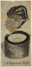 Rooster Perched on Mortar, c. 1720/36, Okumura Masanobu, Japanese, 1686-1764, Japan, Hand-colored