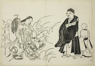 Komachi resting on a stupa, no. 6 from a series of 12 prints, c. 1708, Okumura Masanobu, Japanese,
