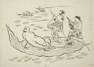Daruma crossing the sea on a leaf, no. 7 from a series of 12 prints, c. 1708, Okumura Masanobu,