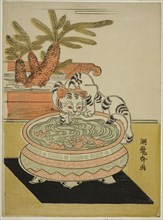 Cat Pawing at Goldfish, c. early 1770s, Isoda Koryusai, Japanese, 1735-1790, Japan, Color woodblock