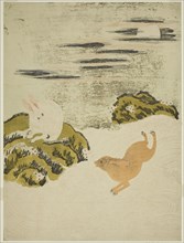 Hares Playing in Surf on a Moonlit Night, c. 1771, Attributed to Isoda Koryusai, Japanese,