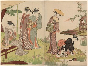 By an Iris Pond, c. 1785, Torii Kiyonaga, Japanese, 1752-1815, Japan, Color woodblock print, oban