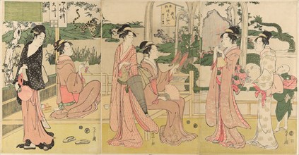 Women viewing dragon and tiger made of tobacco pouches, c. 1795, Chobunsai Eishi, Japanese,