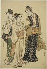 The Actor Iwai Hanshiro IV in Street Attire (by Shun’ei) Conversing with Two Women (by Shuncho), c.