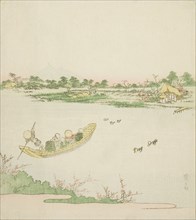 A Ferryboat Crossing the Sumida River, c. 1820s, Keisai Eisen, Japanese, 1790-1848, Japan, Color