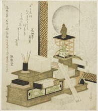 Bookcase with Writing Utensils, Books, and Potted Adonis, c. 1820s/30s, Yashima Gakutei, Japanese,