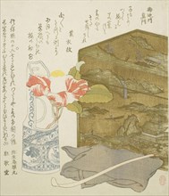 Camellia in Vase and Tea-utensil Box, 1820s, Rintei, Japanese, 19th century, Japan, Color woodblock