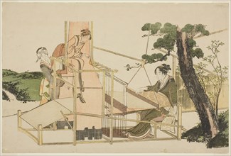 Women weaving on a loom, late 1810s and/or early 1820s, Katsushika Hokusai ?? ??, Japanese,
