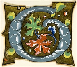 Decorated Initial G in Grey with Red, Green and Blue Leaves from a Manuscript, 14th century or