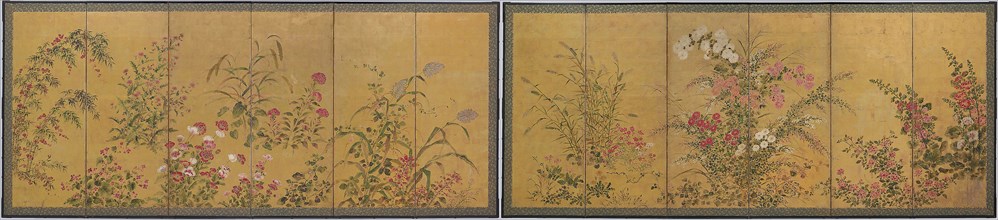 Flowers of All Seasons, mid–17th century, Japanese, Japan, Pair six-panel screens, ink, color, and
