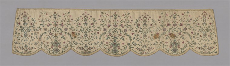 Valance, 18th century, England, Cotton, twill weave, embroidered, 40.3 × 175.3 cm (15 7/8 × 69 in.)