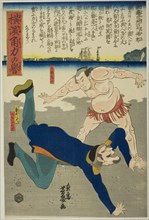 Wreatler overthrowing Frenchman, c. 1860, Ochiai Yoshiiku, Japanese, 1833–1904, Japan, Color