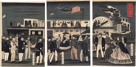 Arrival and Departure of an American Steamship (Amerikakoku jokisha orai), 1861, Utagawa Yoshikazu,